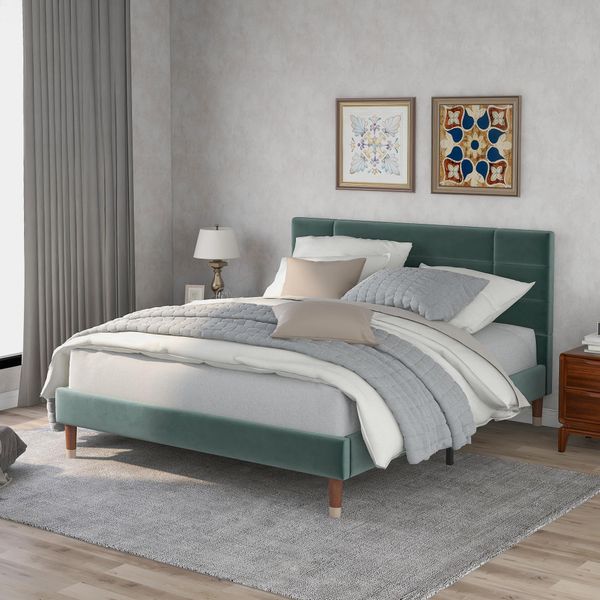 Letto Imbottito Sweiko 140X200Cm Con Testata E Rete A Doghe In Legno Massiccio Letto In Velluto Verde Scuro (Senza Materasso)-image