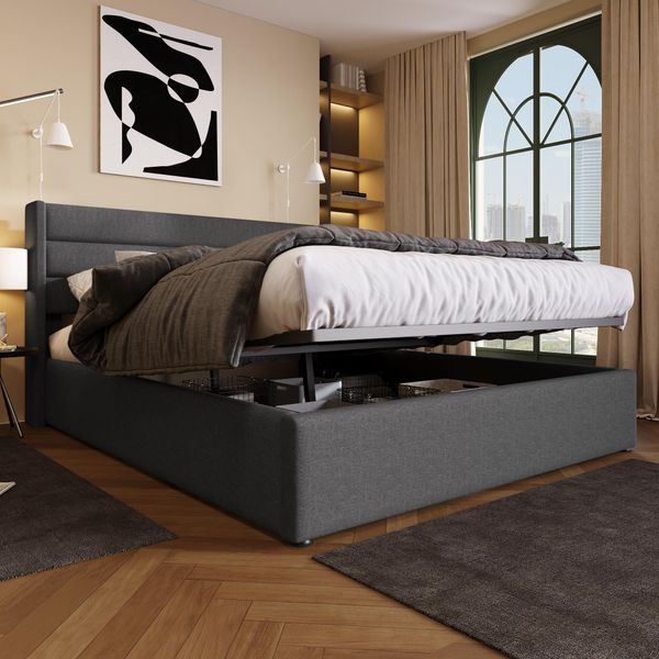 Letto A Molle Sweiko Letto Matrimoniale Imbottito 140X200Cm Con Rete A Doghe In Legno Letto Contenitore Biancheria Grigio (Senza Materasso)-image