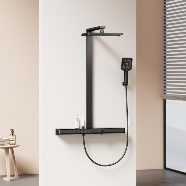 Sistema Doccia Emke Set Doccia Con Termostato, Ripiano In Vetro Extra-Largo Da 710 Mm, Doccia A Pioggia, Rubinetteria Per Vasca E Doccia Nero Opaco-image
