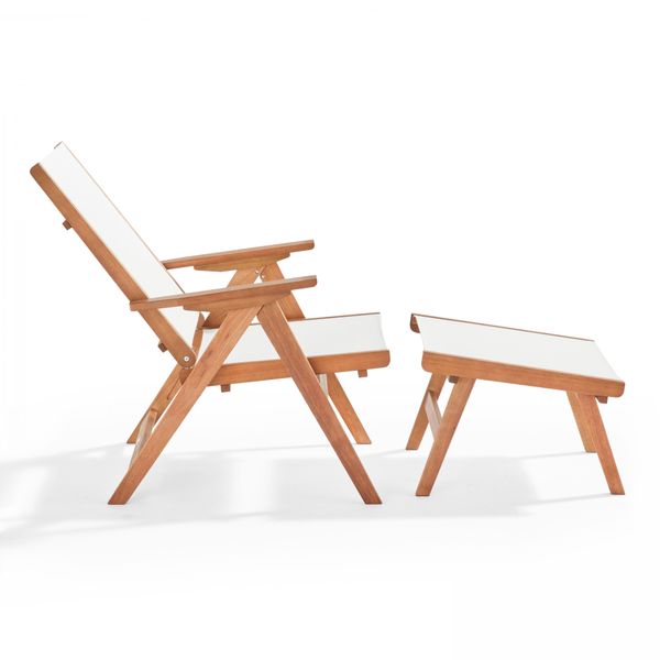 Sedia Relax In Legno Di Eucalipto Con Poggiapiedi Bianco - Oviala Sisco-image