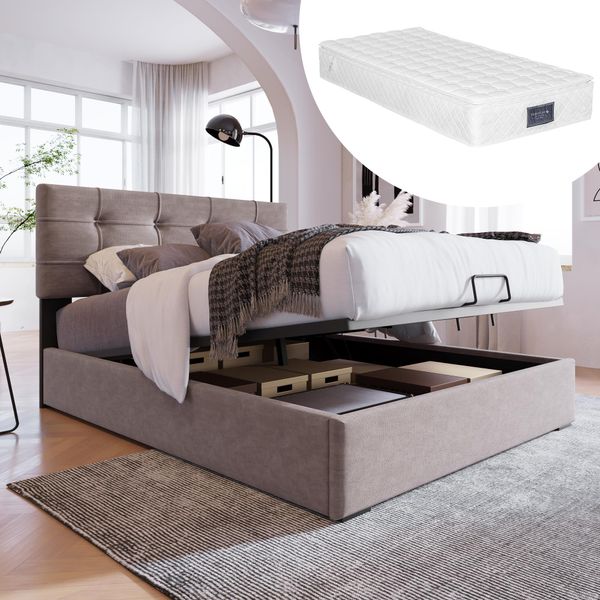 Letto Imbottito Sweiko Letto Singolo Con Testata Regolabile E Rete A Doghe Letto A Molle Idrauliche Con Contenitore In Velluto 90X200Cm Grigio Chiaro (Con Materasso)-image