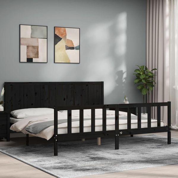The Living Store Letto In Legno Massiccio Con Testiera Nera 200X200 Cm-image