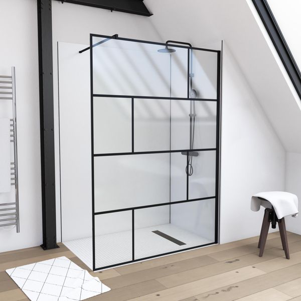 Schermo Doccia Marwell Dal Design Moderno 140 X 195 Cm Incl. Supporto A Parete - Doccia In Vetro Con Profilo A Parete Nero Opaco - Vetro Di Sicurezza Temperato Per La Massima Sicurezza - Installazione Su Piatto Doccia O Piastrelle-image