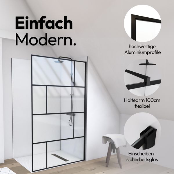 Schermo Doccia Marwell Dal Design Moderno 120 X 195 Cm Incl. Supporto A Soffitto - Doccia In Vetro Con Profilo A Parete Nero Opaco - Vetro Di Sicurezza Temperato Per La Massima Sicurezza - Installazione Su Piatto Doccia O Piastrelle-image