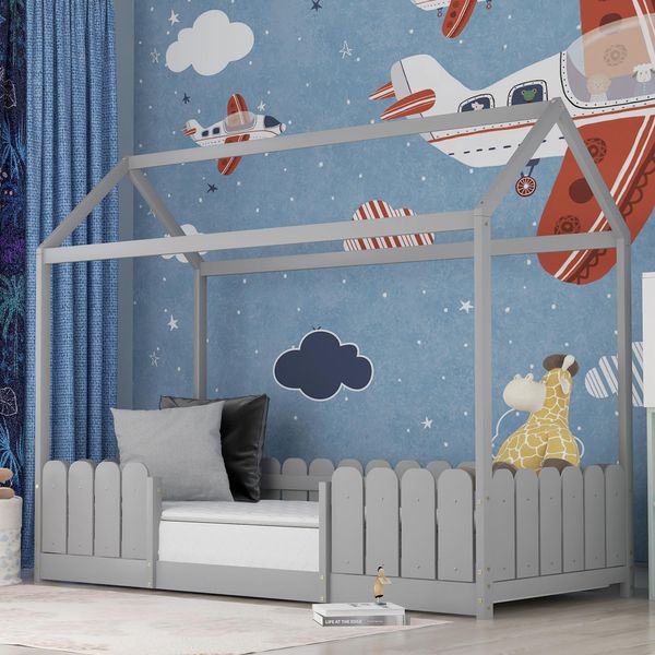 Letto Per Bambini Sweiko Letto Singolo Con Rete A Doghe E Protezione Anticaduta Letto Per Bambini E Bambine In Legno Massiccio 90X200 Cm Grigio (Senza Materasso)-image