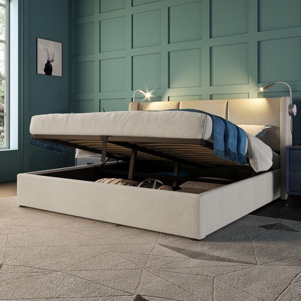 Letto Imbottito Sweiko Letto Matrimoniale Con Luce Di Lettura E Funzione Di Ricarica Usb, Letto Contenitore Con Testata E Rete A Doghe In Pelle Finta Beige 140X200Cm (Senza Materasso)-image
