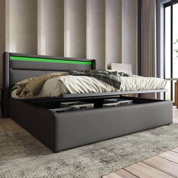 Letto A Molle Sweiko Letto Imbottito Letto Matrimoniale 140X200Cm Con Illuminazione Led Letto Contenitore Grigio (Senza Materasso)-image