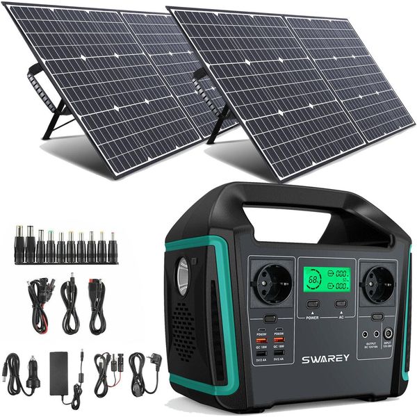 Swarey 1000W (Picco 1500W) Generatore Di Energia Portatile S1000 Powerstation Con 2X 100W Pannello Solare, 725,76Wh 201600Mah Batteria Agli Ioni Di Litio Di Backup Di Stoccaggio Solare Con 65W Type-C, Generatore Solare Per Viaggi In Auto, Off-Grid, Interruzioni Di Corrente-image