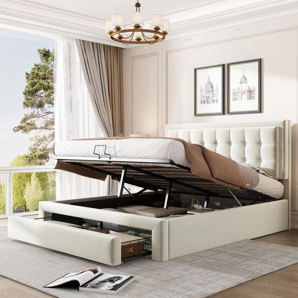 Letto Imbottito Flieks 140X200Cm, Letto Matrimoniale Con Cassetto, Letto A Molle Idrauliche Con Rete A Doghe, Letto Contenitore Letto In Legno Massiccio Velluto, Beige-image