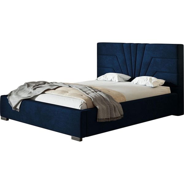 Letto Imbottito Athene Con Testiera, 160X200 Cm, Letto Matrimoniale Con Rete E Doghe In Legno, Tessuto Velour Blu Scuro-image