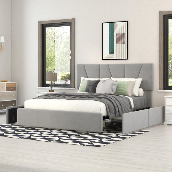 Letto Imbottito Merax 140X200Cm Con Testata Regolabile In Altezza E 4 Cassetti, Letto Matrimoniale Funzionale Con Rete A Doghe E Rivestimento In Velluto Grigio-image