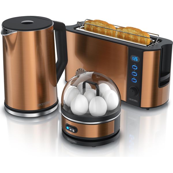 Arendo - Bollitore Con Tostapane E Scaldauova Set Bollitore In Rame In Acciaio Inox 1,5L 40° - 100°C, Tostapane 2 Dischi Display A Led 6 Gradi Di Doratura Scaldauova 1-7 Uova Misurino Senza Bpa-image