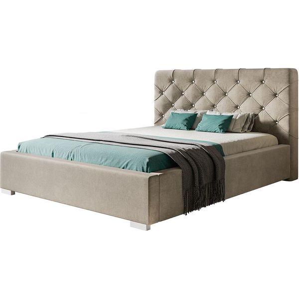 Letto Imbottito Boston Con Testiera, 180X200 Cm, Letto Matrimoniale Con Rete E Doghe In Metallo, Tessuto Velour, Colore: Beige-image