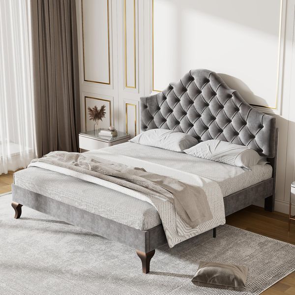 Letto Imbottito Flieks Letto Matrimoniale 140X200Cm Letto Per Ragazzi Con Rete A Doghe E Testata A Conchiglia, Letto In Legno Massiccio In Velluto, Grigio-image