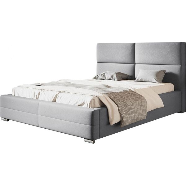 Letto Imbottito Lisbon Con Testiera, 160X200 Cm, Letto Matrimoniale Con Rete E Doghe In Legno, Tessuto Velour, Colore: Grigio Chiaro-image