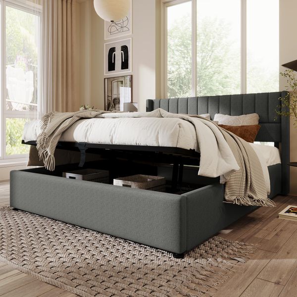 Letto Imbottito Merax 180X200Cm Con Rete Senza Piastra, Letto Matrimoniale Idraulico Con Rete A Doghe, Letto Da Camera Funzionale In Lino, Grigio-image