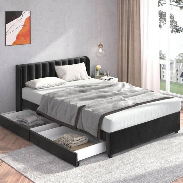 Letto Imbottito Sweiko Letto Matrimoniale Con 2 Cassetti E Rete A Doghe Comoda Testata 140*200Cm Velluto Nero-image