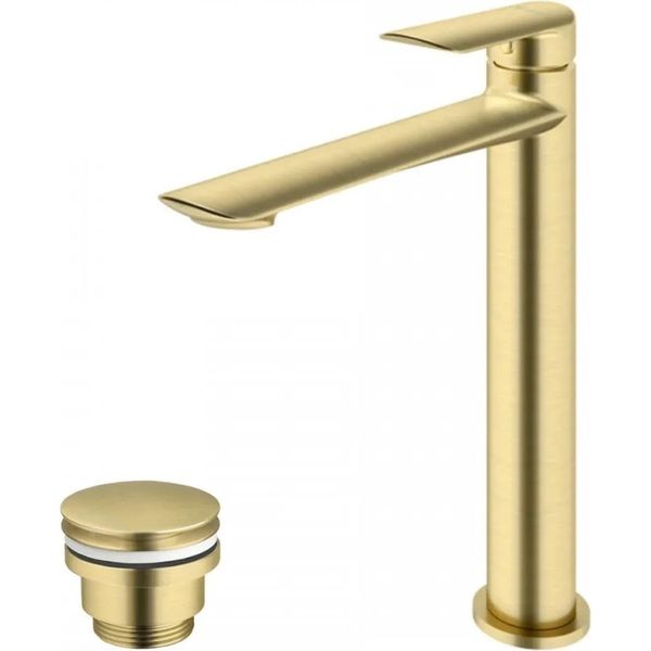 Miscelatore Lavabo Con Bocca Alta E Piletta Di Scarico (Tappo) Oro Spazzolato-image