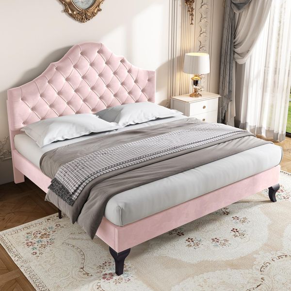 Letto Imbottito Merax 140X200Cm Con Testata Regolabile In Altezza E Rete A Doghe, Letto Matrimoniale In Velluto E Legno Massiccio, Rosa-image