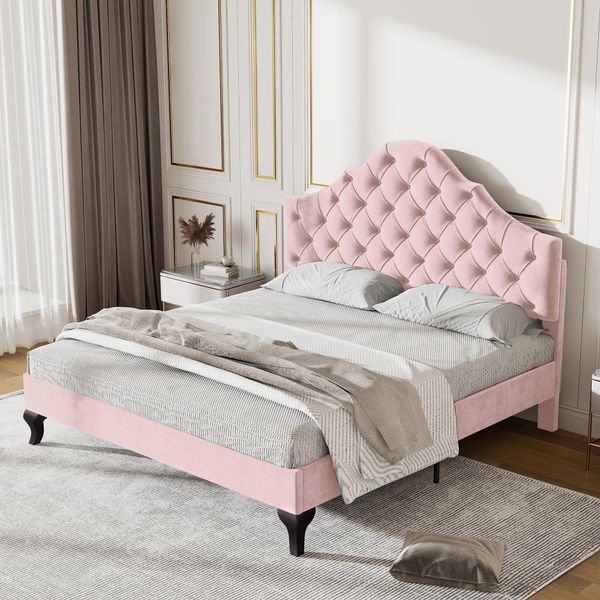 Letto Imbottito Flieks Letto Matrimoniale 140X200Cm Letto Giovanile Con Rete A Doghe E Testata A Conchiglia, Letto In Legno Massiccio Velluto, Rosa-image