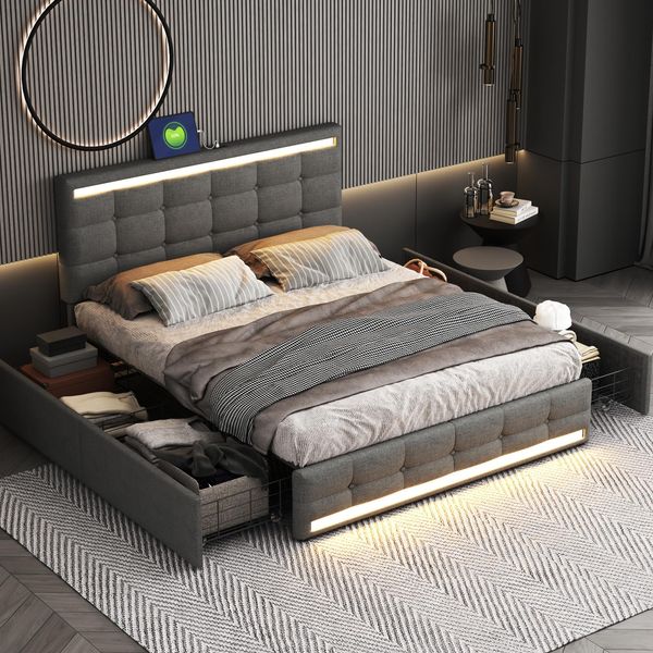 Letto Imbottito Flieks 140X200Cm, Letto Matrimoniale Con 2 Usb E 4 Cassetti, Letto Contenitore Letto Giovanile Con Rete A Doghe E Led, Letto Funzionale Letto In Legno Massiccio, Biancheria, Grigio-image