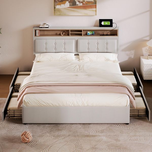 Letto Imbottito Flieks 160X200Cm Con Usb E Prese, Letto Per Ragazzi Letto Matrimoniale Con 4 Cassetti, Letto Contenitore Letto In Legno Massiccio Con Rete A Doghe, Lino, Beige-image
