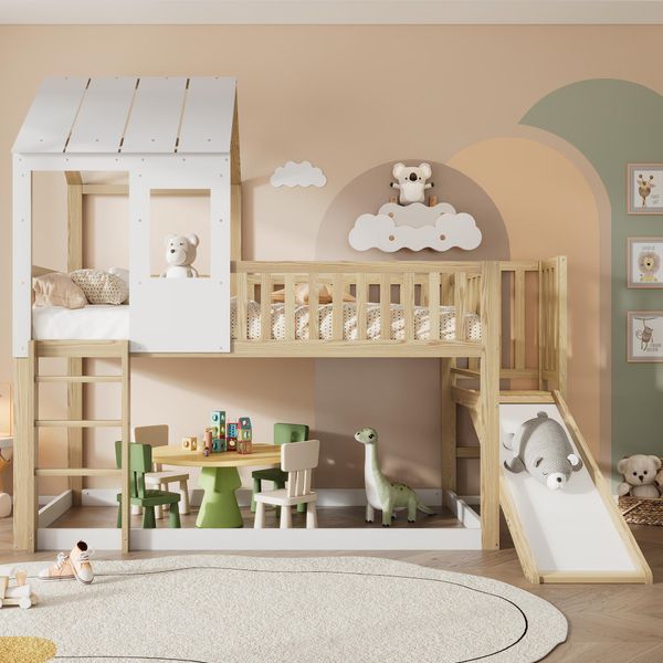 Letto A Castello Flieks 90X200Cm Con Rete A Doghe, Letto Per Bambini Con Scivolo E Scaletta, Letto Per La Casa Con Protezione Anticaduta, Letto Singolo In Legno Massiccio-image