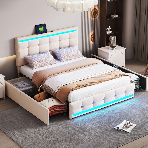 Letto Imbottito Flieks 140X200Cm, Letto Matrimoniale Con 2 Usb E 4 Cassetti, Letto Contenitore Letto Giovanile Con Rete A Doghe E Led, Letto Funzionale Letto In Legno Massiccio, Biancheria, Beige-image