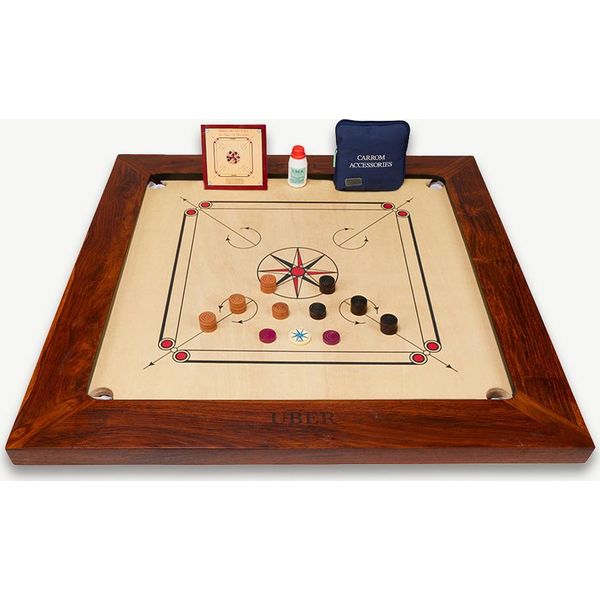 Ubergames- Tavola Da Carrom - Campionato - 21 Kg - India - Campo Da Gioco 74 X 74 Zm - Set Completo - Con Tavolo-image