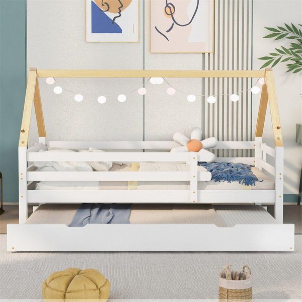 Letto Per Bambini Fortuna Lai 90X200Cm, Letto Estraibile, Letto Per Bambini In Legno Massiccio Con Rete A Doghe E Protezione Anticaduta, Divano Letto In Legno Di Pino, Per Bambini E Bambine, Bianco-image