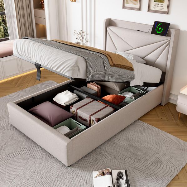Letto Imbottito Flieks 90X200Cm Con Usb E Type-C, Letto A Molle Insacchettate Con Rete A Doghe, Letto Contenitore Letto Giovanile Letto Singolo Con Contenitore, Lino, Beige-image
