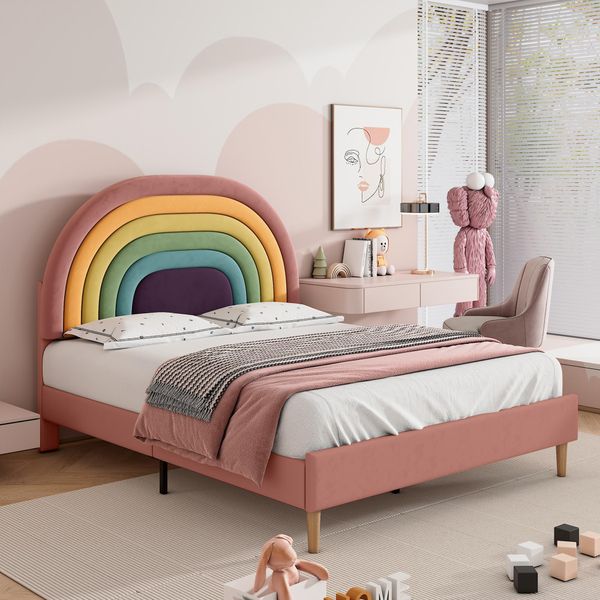 Letto Giovanile Flieks 140X200Cm Imbottito Con Rete A Doghe, Letto In Legno Massiccio Letto Matrimoniale Con Testiera A Forma Di Arcobaleno, Letto Per Bambini In Velluto, Rosa-image