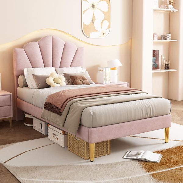 Letto Imbottito Flieks 90X200Cm Con Rete A Doghe, Letto Per Ragazzi Letto Per Bambini Con Testata A Conchiglia, Letto Singolo Letto In Legno Massiccio Letto Classico, Velluto, Rosa-image