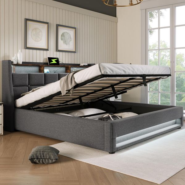 Letto Imbottito Flieks 140X200Cm Con Usb, Letto Per Ragazzi Letto Matrimoniale Con Rete A Doghe E Contenitore, Letto Contenitore Con Led, Lino, Grigio-image