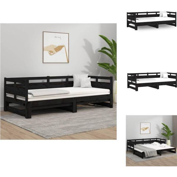 Vidaxl Letto Da Giorno Allungabile In Pino Massiccio Nero 2X(80X200) Cm - Letti E Strutture Letto-image