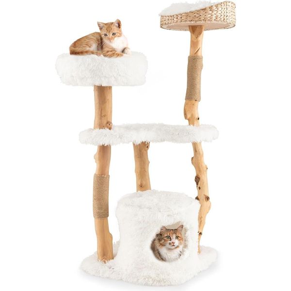 Tiragraffi In Legno Costway 124 Cm, Mobili Per Gatti In Legno Massiccio Con Grotta Per Gatti, Sedile In Peluche, Piattaforma Per Sedersi E Tiragraffi, Tiragraffi Per Gatti Bianco-image