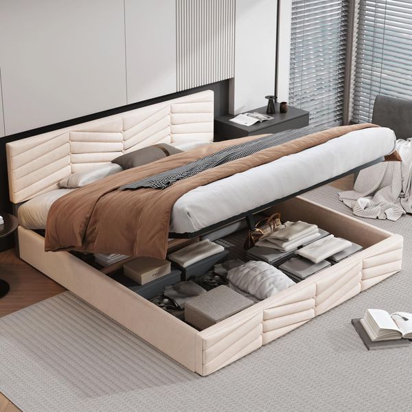 Letto Imbottito Flieks Con Contenitore, Letto Matrimoniale 160X200Cm Con Rete A Doghe, Letto Contenitore Funzionale Letto In Velluto, Beige-image