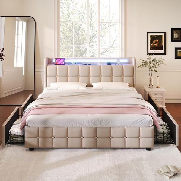 Letto Imbottito Flieks 160X200Cm Con Usb E Prese, Letto Per Ragazzi Letto Matrimoniale Con 4 Cassetti, Letto Contenitore Letto In Legno Massiccio Con Led E Rete A Doghe, Lino, Beige-image
