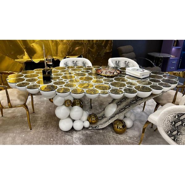 Casa Padrino Tavolo Da Pranzo Di Design Con Piano In Vetro Bianco / Oro / Nero 230 X 120 X H. 76 Cm - Mobili Per Sala Da Pranzo - Mobili - Mobili Di Design-image