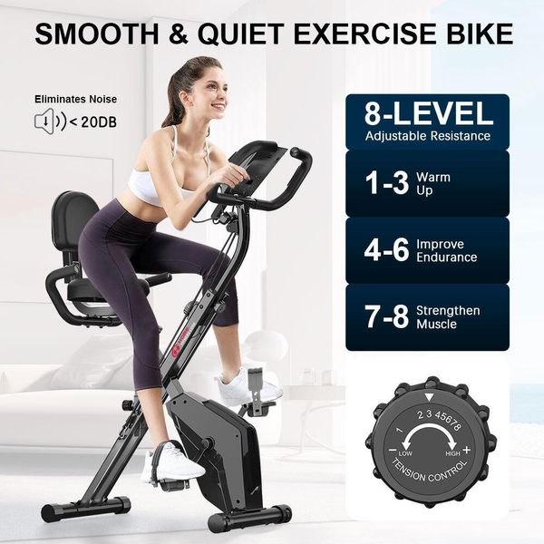 Cyclette Pieghevole Per La Casa - Bigzzia Cyclette Pieghevole 4 In 1 Con 8 Livelli Di Resistenza Magnetica Regolabile E Cavo Di Tensione, Cyclette Pieghevole, Display Lcd, Sensori Per Le Pulsazioni Della Mano-image