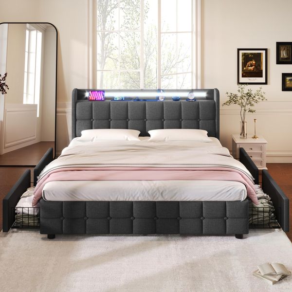 Letto Imbottito Flieks 140X200Cm Con Usb E Prese, Letto Per Ragazzi Letto Matrimoniale Con 4 Cassetti, Letto Contenitore Letto In Legno Massiccio Con Led E Rete A Doghe, Lino, Grigio-image