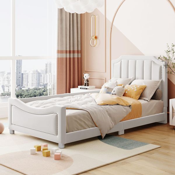 Letto Imbottito Flieks 90X200Cm Con Rete A Doghe, Letto Per Bambini E Ragazzi Con Protezione Anticaduta, Divano Letto Singolo, Velluto, Beige-image