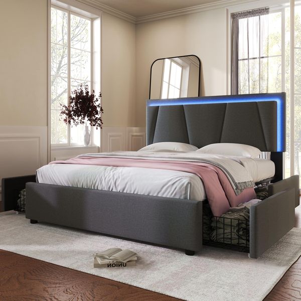 Letto Imbottito Flieks 140X200Cm Con 4 Cassetti, Letto Giovanile Letto Matrimoniale Con Rete A Doghe, Letto Contenitore Letto In Legno Con Led, Lino, Grigio-image