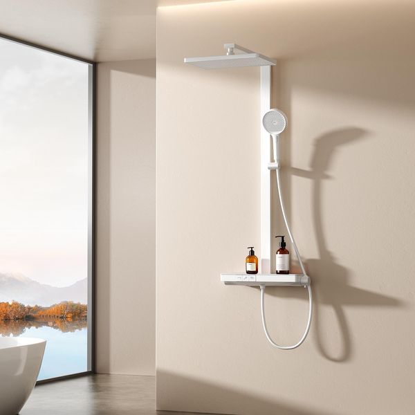 Sistema Doccia Emke Con Termostato, Soffione A Pioggia 36X24Cm, Doccia A Pioggia Con Ripiano In Vetro, Doccetta Con 4 Intensità Di Getto, Rubinetteria Per Vasca E Doccia, Bianco Opaco-image
