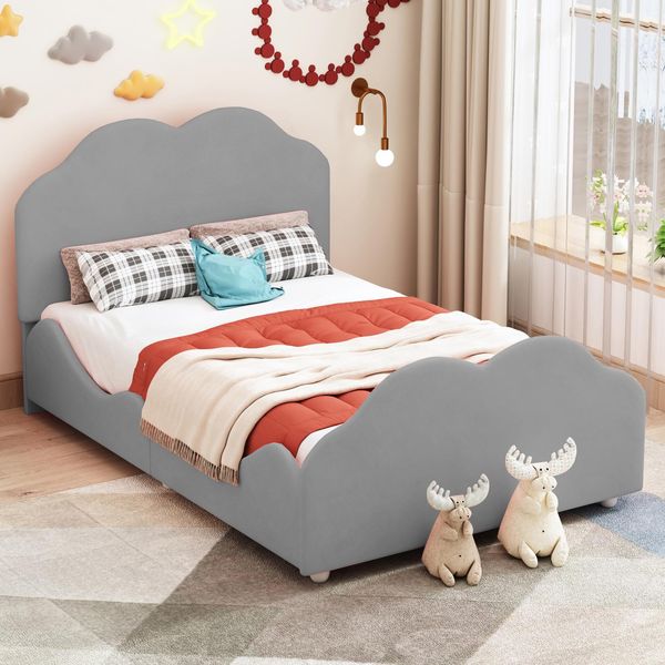 Letto Imbottito Fortuna Lai 90 X 200 Cm, Letto Per Bambini Con Ringhiera Alta, Struttura Per Bambini Con Testiera E Pediera A Forma Di Nuvola. Letto Singolo In Skin-Friendly (Grigio)-image