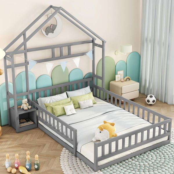 Letto Per Bambini Merax 140X200Cm Con Protezione Anticaduta, Comodino E Rete A Doghe, Pavimento In Legno Massiccio Letto Singolo E Matrimoniale Casa Letto, Grigio-image