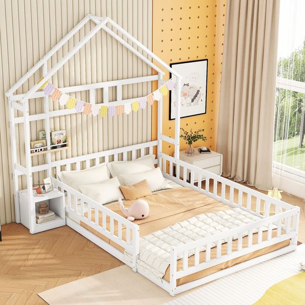 Letto Per Bambini Merax 140X200Cm Con Protezione Anticaduta, Comodino E Rete A Doghe, Pavimento In Legno Massiccio Letto Singolo E Matrimoniale Casa Letto, Bianco-image