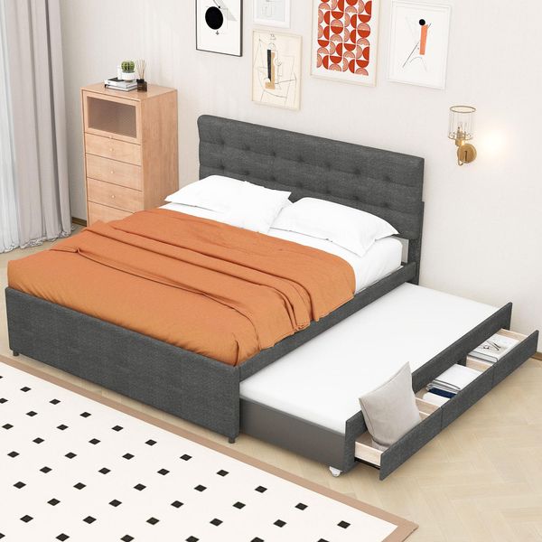 Letto Imbottito Merax 140X200Cm Con Testata Regolabile In Altezza, 3 Cassetti Con Sottopiano 90X190Cm, Letto Matrimoniale Contenitore Di Biancheria, Grigio-image
