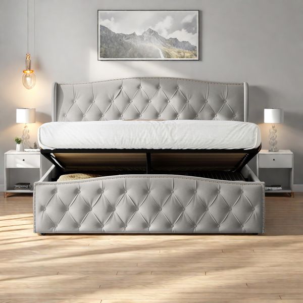 Letto Matrimoniale Fortuna Lai 160X200 Cm Con Rete A Doghe E Giroletto - Letto Funzionale Idraulico Con Testata Regolabile In Altezza, Velluto-image