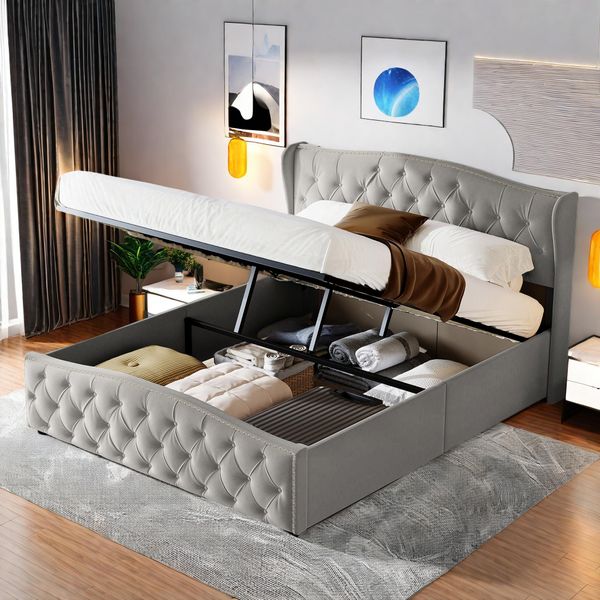 Letto Matrimoniale Fortuna Lai 140X200 Cm Con Rete A Doghe E Giroletto - Letto Funzionale Idraulico Con Testata Regolabile In Altezza, Velluto-image